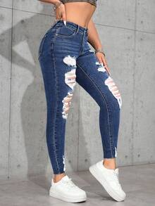 SHEIN PETITE Jeans ajustados informales y versátiles con bolsillos y desgaste para mujeres - Azul lavado oscuro - Ver 5
