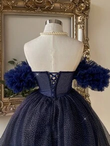 Lovelzi 夏季优雅华丽浪漫网纱波点露肩绣球花垂袖胸罩鱼骨褶皱蓬蓬裙，适合晚宴、单身派对、生日约会、毕业季、返校季、假期、婚礼、舞会等场合，也可作为毕业典礼、教师服装、情人节礼服穿着。 - 藏蓝色 - 查看 8