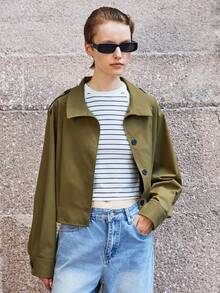 Lumivelle Women's Loose Casual Long Sleeve Single-Breasted Short Jacket, Autumn Fall Winter Cloth For Women - Army Green - View 5