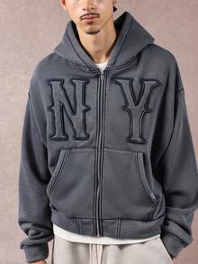 SUMWON 短款复古风格刺绣纽约字母全拉链连帽衫休闲街头潮流学院风设计秋冬经典都市学院风男女通用运动衫 - 藍色 - 查看 1