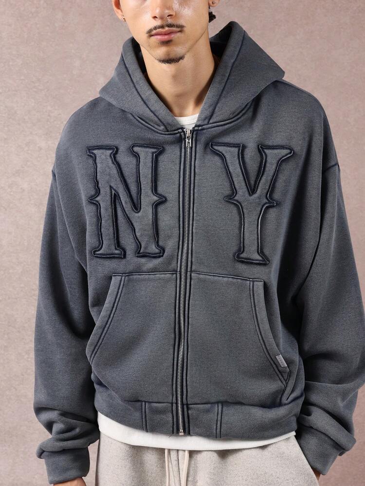 Bluza z kapturem zapinana na suwak i haftowanymi literami NY