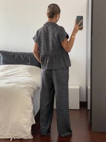 Livesso 女士夏季短袖翻领宽松长裤两件套度假装 - 黑色 - 查看 2