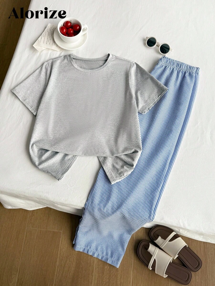 Summer New Casual Short Sleeve T-Shirt And Pants 2pcs Set For Teenagers - Grey - View 1