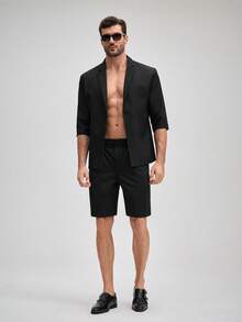 OFFICEAU Men's Casual 3/4 Sleeve Blazer, Korean Stylish Loose Fit Lightweight Suit Jacket, Old Money - Black - View 6