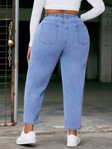 Slaydiva 大码女式高腰水钻装饰口袋锥形牛仔裤 - 淺色水洗藍 - 查看 2