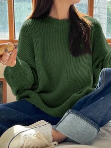 DAZY Áo len dệt kim dáng rộng tay dài trễ vai màu trơn cho nữ, thời trang thu/đông đa năng, thường ngày - xanh quân đội - Xem 2