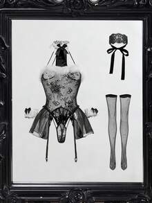 Fantasy Costume 7件套性感毛绒拼布心形蕾丝内衣套装，带蕾丝眼罩和手镯，适合女士 - 黑與白 - 查看 6