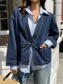 Livesso Women's Lace-Up Loose Casual Denim Jacket With Decorative Stitching Fall/Winter