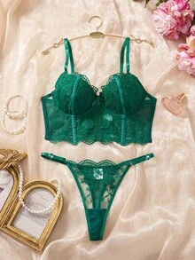 Myrelith 2件套女士白色浪漫长款文胸内衣套装 - 墨綠色 - 查看 3