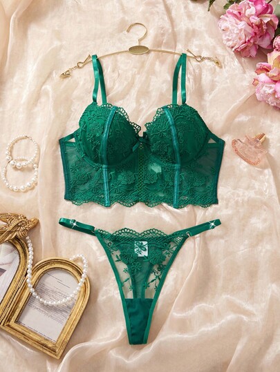 Wit Romantic Long BH Lingerie Set Butterfly Kanten Groen view 3