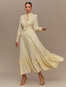 Enchnt Vestido de manga larga de color crema-amarillo, romántico y elegante, con volantes en el bajo y cintura ajustable, perfecto para otoño e invierno. Dulce y elegante, es adecuado para citas, vacaciones, fiestas, graduaciones, bodas, la playa y otras ocasiones. También es adecuado como vestido de verano, ropa de vacaciones o ropa de mujer de otoño. - Amarillo - Ver 5