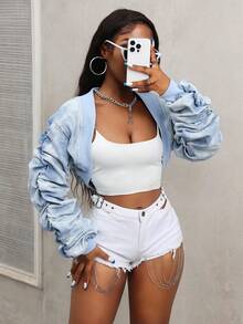 SHEIN BamGlam Chaqueta vaquera de manga larga azul con pliegues para mujer - Azul - Ver 3