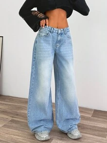EURMUSE WOMEN LOOSE LOW WAIST WIDELEG LIGHT WASH DENIM JEAN - Light Wash - View 4