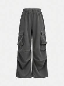SHEIN 2件套青少年女孩纯色字母印花连帽运动衫和工装裤休闲装 - 藏蓝色 - 查看 9