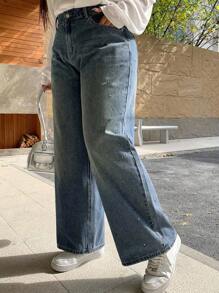 Dazy Petite Plus 宽松直筒亮片装饰长牛仔裤，四季皆宜