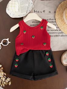 SHEIN 2 Stück/Set Baby Mädchen Sommer&Herbst Lässig Stil ärmelloses Top mit Erdbeerdekoration & Shorts - Schwarz - Übersicht 1