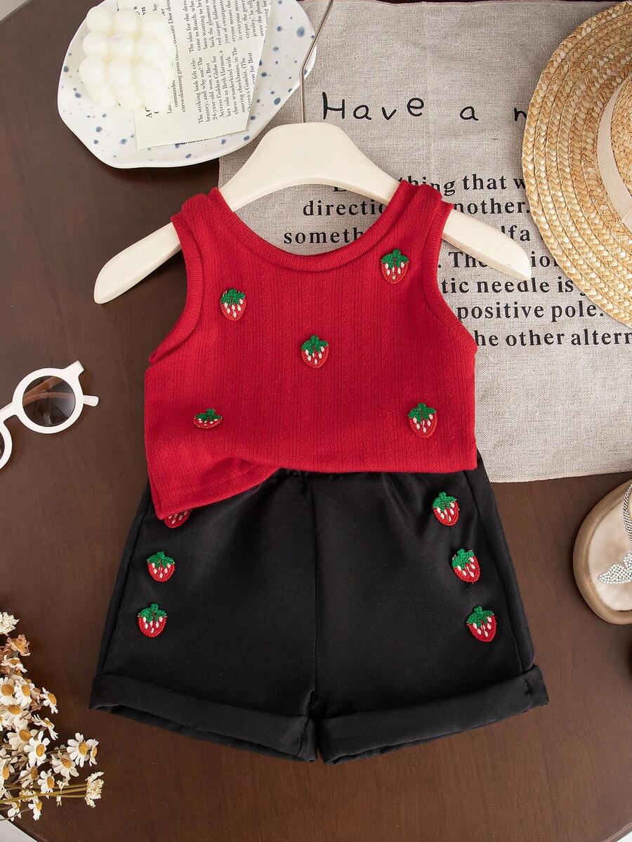 SHEIN 2 Stück/Set Baby Mädchen Sommer&Herbst Lässig Stil ärmelloses Top mit Erdbeerdekoration & Shorts - Schwarz - Übersicht 1
