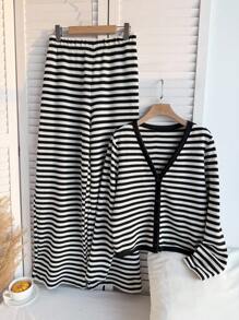 Comfortcana Set de 2 piezas Talla grande Camiseta de manga larga a rayas negras y blancas con pantalón de pierna recta de color contrastante, informal - Blanco y Negro - Ver 4
