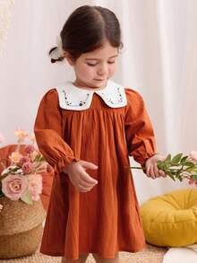 Blossori Baby Girls' French Elegant Colorblock Embroidered Collar Long Sleeve Dress Fall Winter - Multicolor - View 3