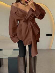 Avenya Áo sơ mi dài tay buộc chéo màu trơn dành cho nữ - Cà phê nâu - Xem 7