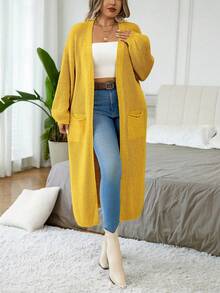 Elenzga Áo khoác cardigan dài màu trơn cỡ lớn, thường ngày cho mùa thu/đông - Màu vàng - Xem 4