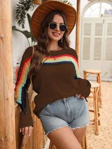EMERY ROSE Plus 彩虹针织镂空套头衫，波西米亚风长袖毛衣，适合外出、防晒、春秋季、夜店、派对、生日等场合。 - 棕色 - 查看 1