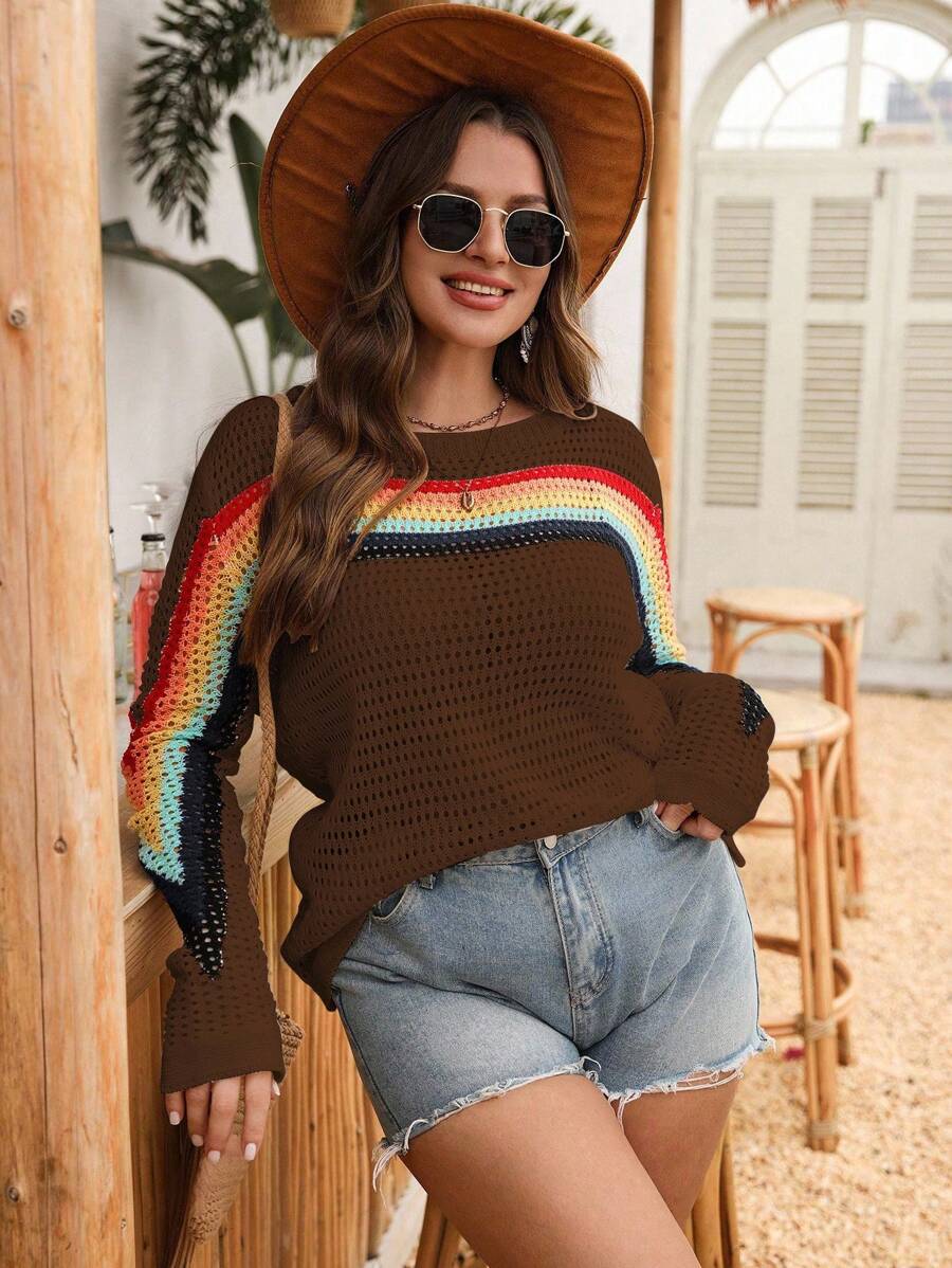 EMERY ROSE Plus 彩虹针织镂空套头衫，波西米亚风长袖毛衣，适合外出、防晒、春秋季、夜店、派对、生日等场合。 - 棕色 - 查看 1