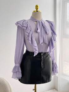 Sweetra Plus Size Women's Elegant Romantic Ruffle V-Neck Long Sleeve Front Button Bowknot Poet Blouse, Spring/Autumn - Purple - View 1
