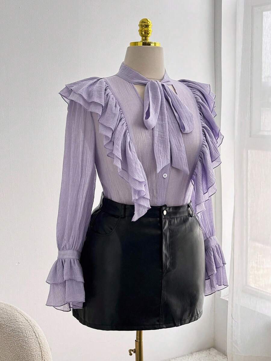 Sweetra Plus Size Women's Elegant Romantic Ruffle V-Neck Long Sleeve Front Button Bowknot Poet Blouse, Spring/Autumn - Purple - View 1
