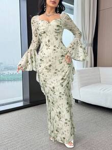 Modelyn Váy tay loe họa tiết hoa thanh lịch dành cho nữ - màu xanh lá - Xem 6