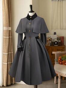 Sweetra Plus Size Color Block Stand Collar Patchwork Cinched Waist Long Sleeve A-Line Autumn/Winter Jacket Fall Cloth For Women - Multicolor - View 3