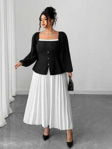 Elenzga Vestido curto plus size com decote quadrado e manga bufante, saia plissada, slim - Preto e Branco - Ver 4