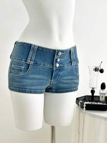 Elamini Women's Button Front Pocket Skinny Casual Versatile Denim Shorts - Blue - View 1