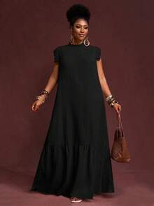 Veslaya 春夏新款度假风优雅休闲宽松纯色卡其色编织纹理面料无袖荷叶边领长裙，适合大码女性，春夏款 - 黑色 - 查看 9