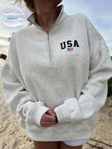 少女字母与美国国旗印花拉链休闲连帽衫 - 淺灰色 - 查看 9
