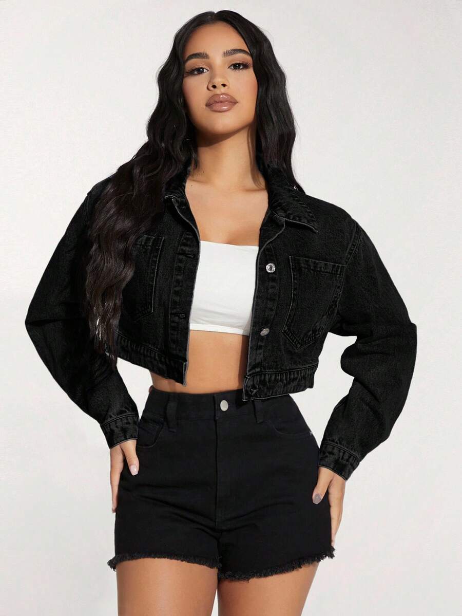 SHEIN PETITE Chaqueta vaquera corta de mujer de un solo abotonado, informal, para otoño - Negro - Ver 1