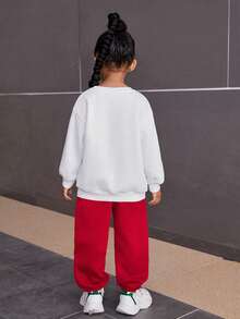 SHEIN 「Young Girl Young Girl Young Girl」圖案印花運動衫與長褲套裝，休閒運動風 - 紅色 - 查看 2