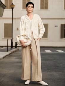 Uhlyne Cardigan bianco vintage francese da donna in maglia, con motivo a trecce e fiori 3D all'uncinetto, adatto per Ognissanti, primavera/autunno/inverno, stile vintage, abbigliamento da lavoro, ufficio, insegnante, ritorno a scuola, autunno, casual business, stile old money, preppy accademica - Albicocca - Visualizzare 5