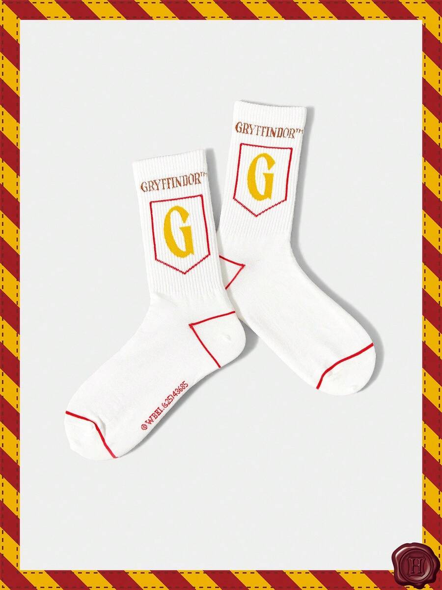 HARRY POTTER X SHEIN 1双女士舒适字母图案中筒袜 - 白色 - 查看 1