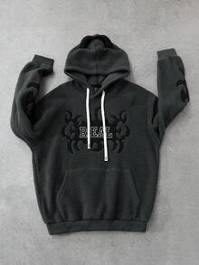 ROMWE MEN Street Life Men's Letter Embroidery Sherpa Hooded Sweatshirt, Fall Winter - Dark Grey - View 4