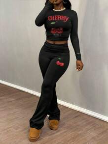 Slaydiva Quần áo thu 2025 dành cho nữ/Quần áo mùa đông dành cho nữ/Bộ 2 món dành cho nữ/Quần jeans ống loe/Áo dài tay/Quần yoga cổ tròn đơn giản tay dài Quần tập yoga xếp ly ngắn Quần ống rộng quần ống loe Quần dài Bộ đồ hai mảnh dành cho nữ/Họa tiết anh đào/Quần áo Y2k/Thời trang dạo phố/Áo đi chơi dành cho nữ/ - màu đen - Xem 3