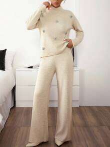 EURMUSE Women Rhinestone Floral Shaped Sweater And Sweater Pant 2pcs Set Co-Ords,Winter Clothes - Beige - View 1