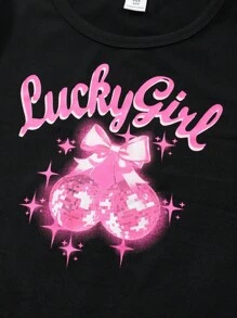 SHEIN Explorewe Tween Girls Letter & Fruit Print Crop Top And Bowknot Splicing Long Pants 2Pcs Outfit Set, School, Campus, College - Black - View 5