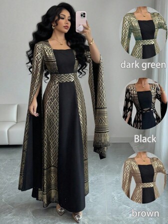 Rafferiza Fashionable Minimalist Square Collar Long Lantern Sleeve Foil Printed Spring & Summer Long Dress Fall Cloth For Women