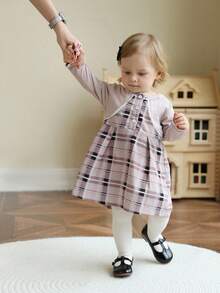 SHEIN Baby Karomuster Rundhals Langarm 2-in-1 Kleid, vielseitig für Herbst/Winter - Verschiedenfarbig - Übersicht 6