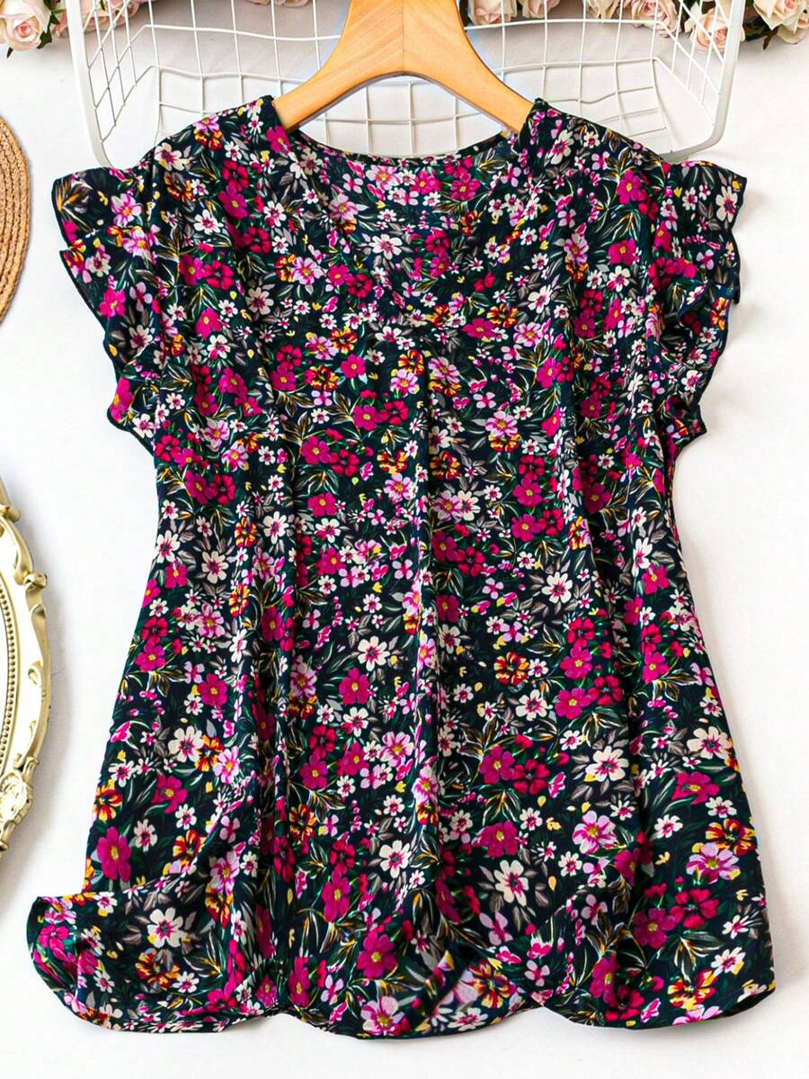 EMERY ROSE Áo sơ mi có cổ chữ V in cỡ lớn, quần áo mùa hè thông thường - Màu tím - Xem 1