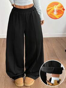 Coolane Celana Sweatpants Kasual Wanita Warna Hitam Rajut dengan Potongan Lebar - Hitam - View 3