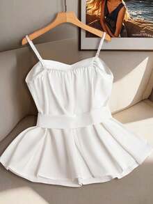 Franclia 女士白色珍珠纽扣领带荷叶边下摆吊带背心