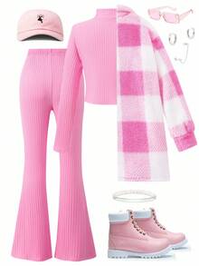 SHEIN ChillGRL Tween Girl 3 件套粉色服装套装：格子翻领长袖夹克 & 纯色高领长袖 T 恤 & 纯色喇叭裤