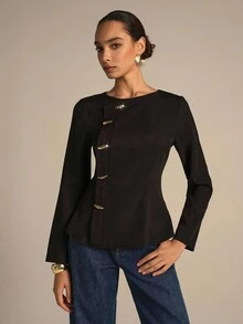 Modelyn 编织无弹力黑色长袖金属纽扣修身户外衬衫，时尚优雅，适合女性，女士秋季服装，女士西装外套，女士优雅衬衫 - 黑色 - 查看 5